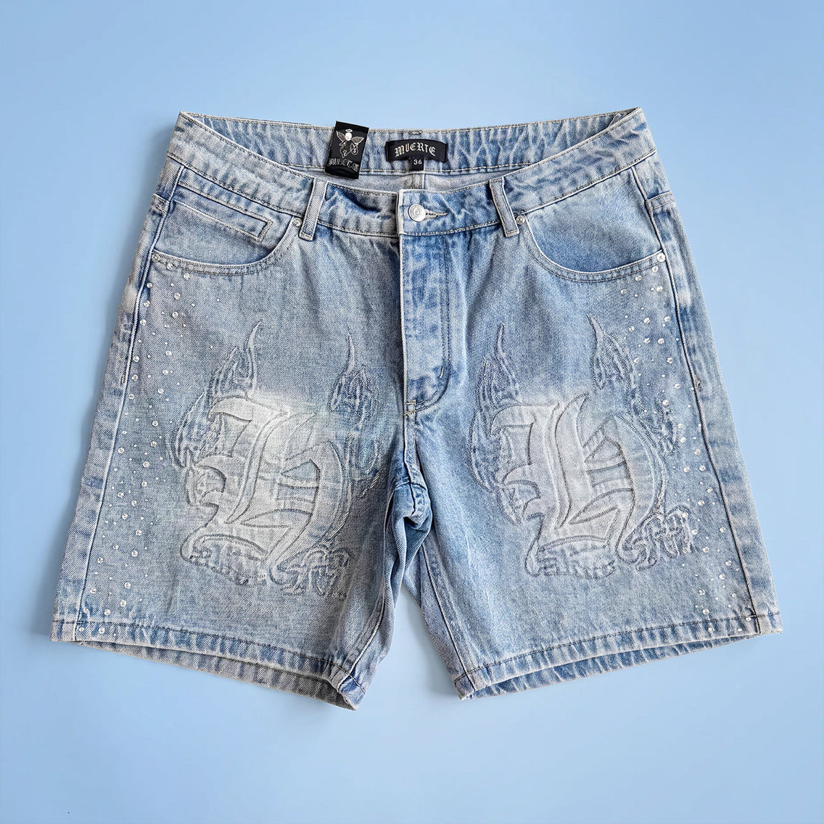 HM FLAME DENIM SHORTS WITH RHINESTONES