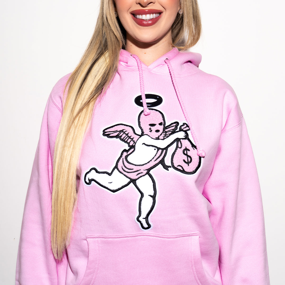 Pink Ski Mask Angel Chenille Patch Hoodie - HW