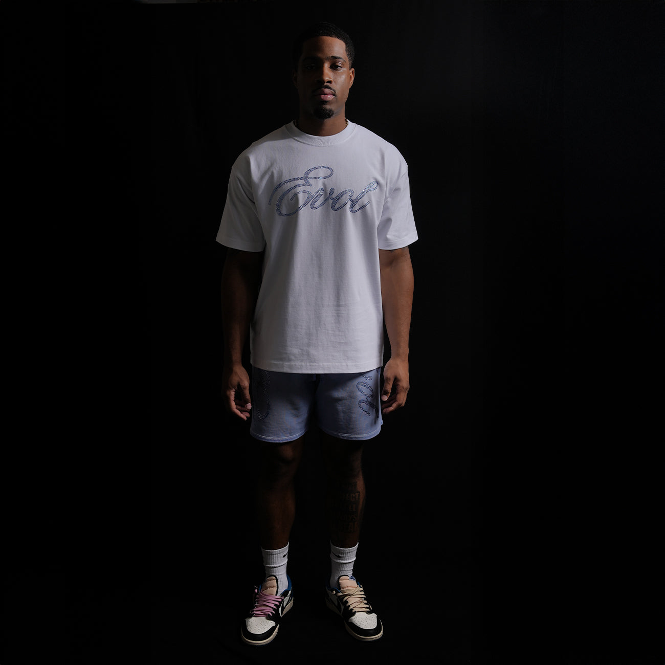 EVOL BLUE SCRIPT RHINESTONE TEE - WHITE