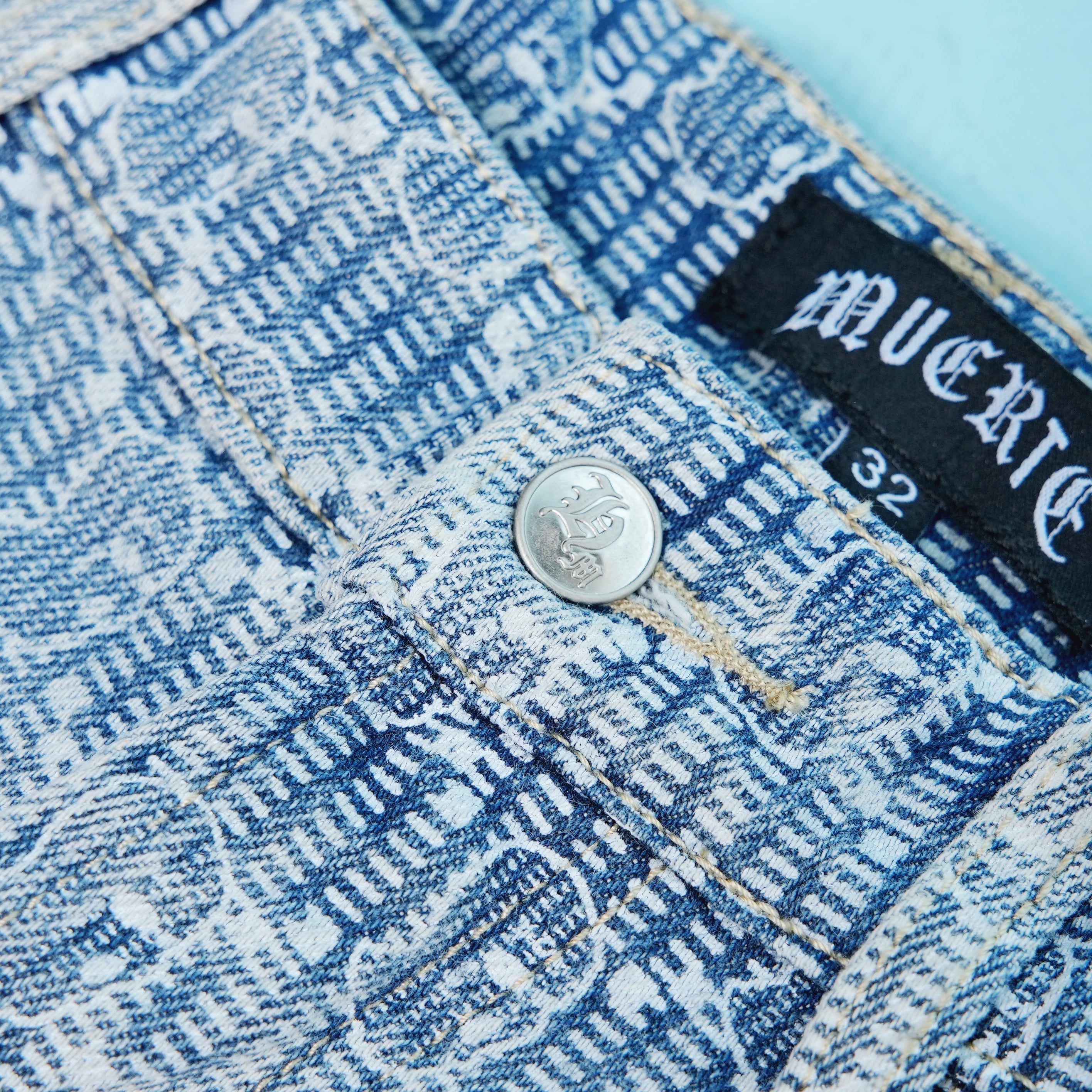 Ski Mask Pattern Distressed Denim Shorts