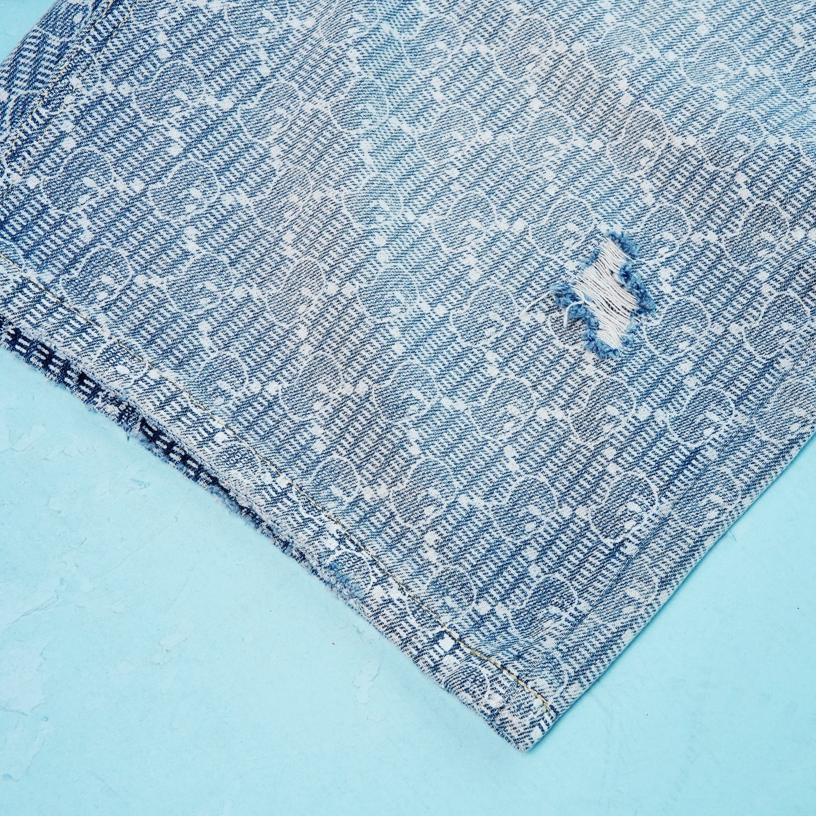 Ski Mask Pattern Distressed Denim Shorts