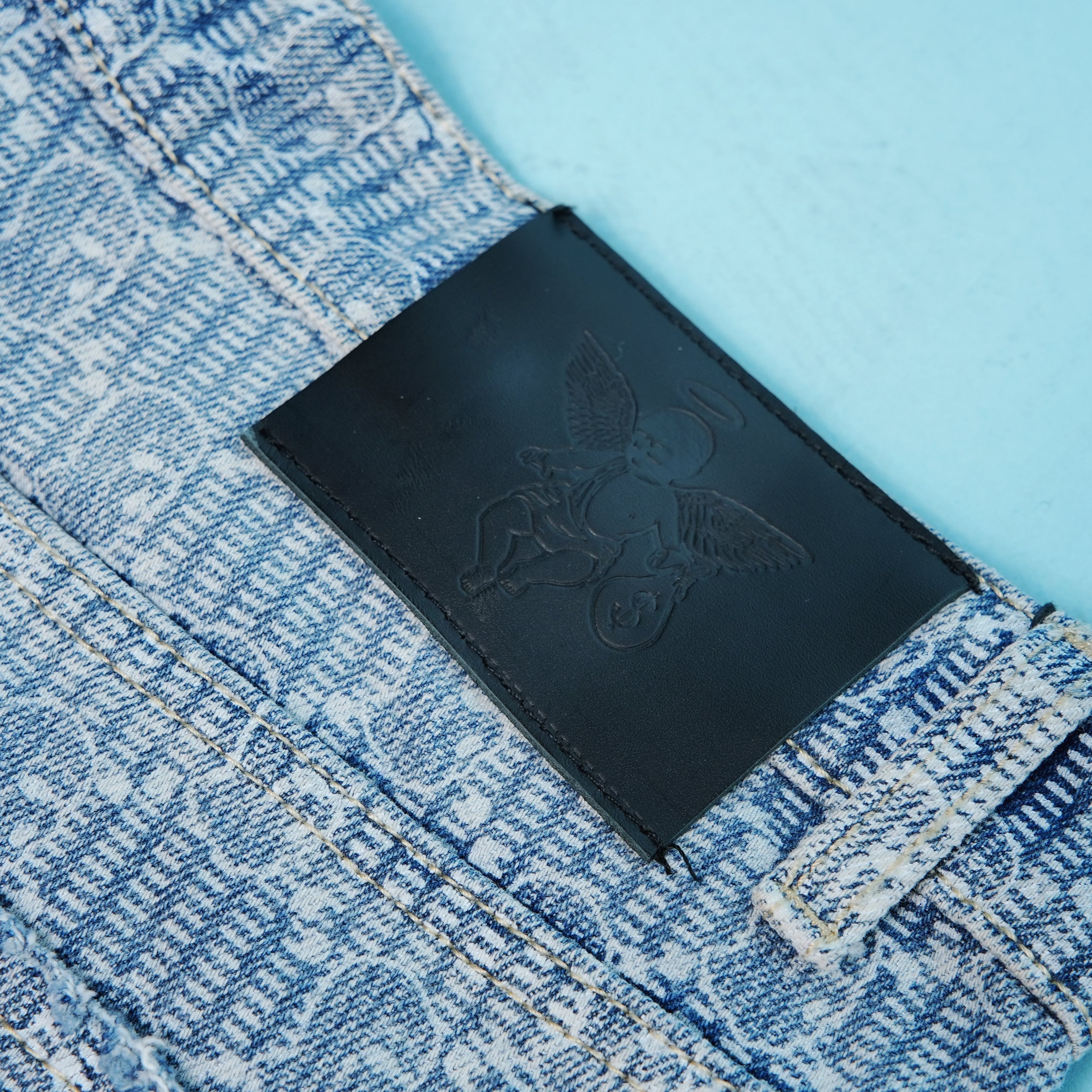 Ski Mask Pattern Distressed Denim Shorts