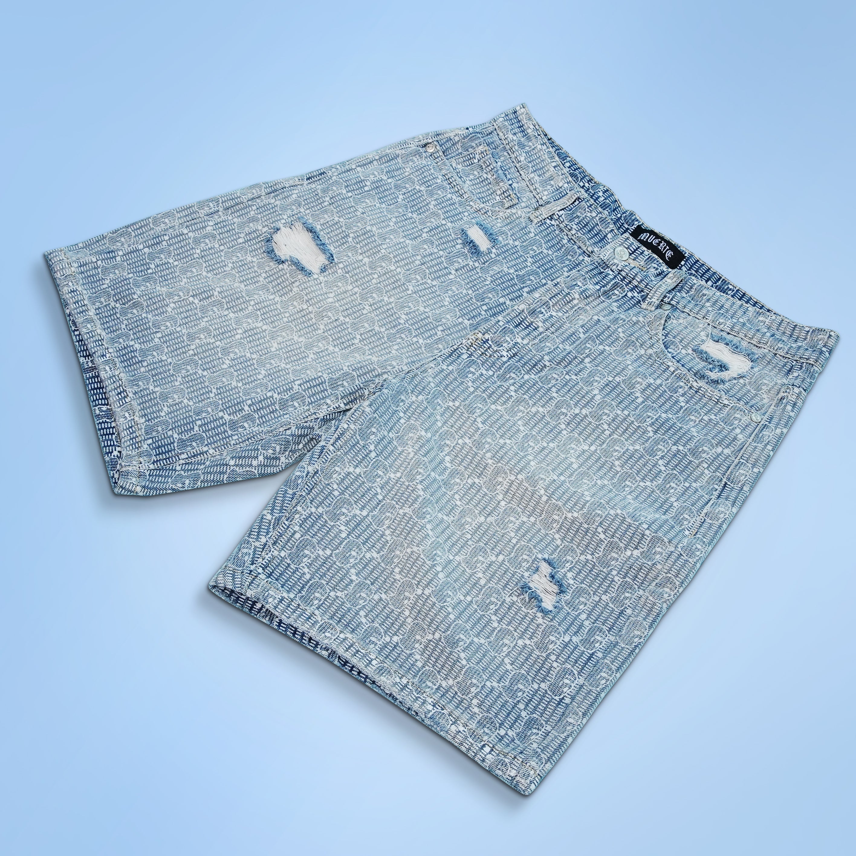 Ski Mask Pattern Distressed Denim Shorts