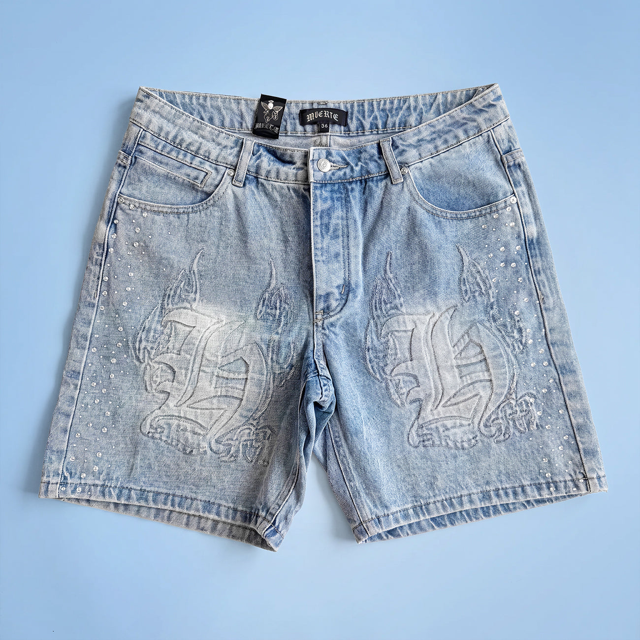HM FLAME DENIM SHORTS WITH RHINESTONES