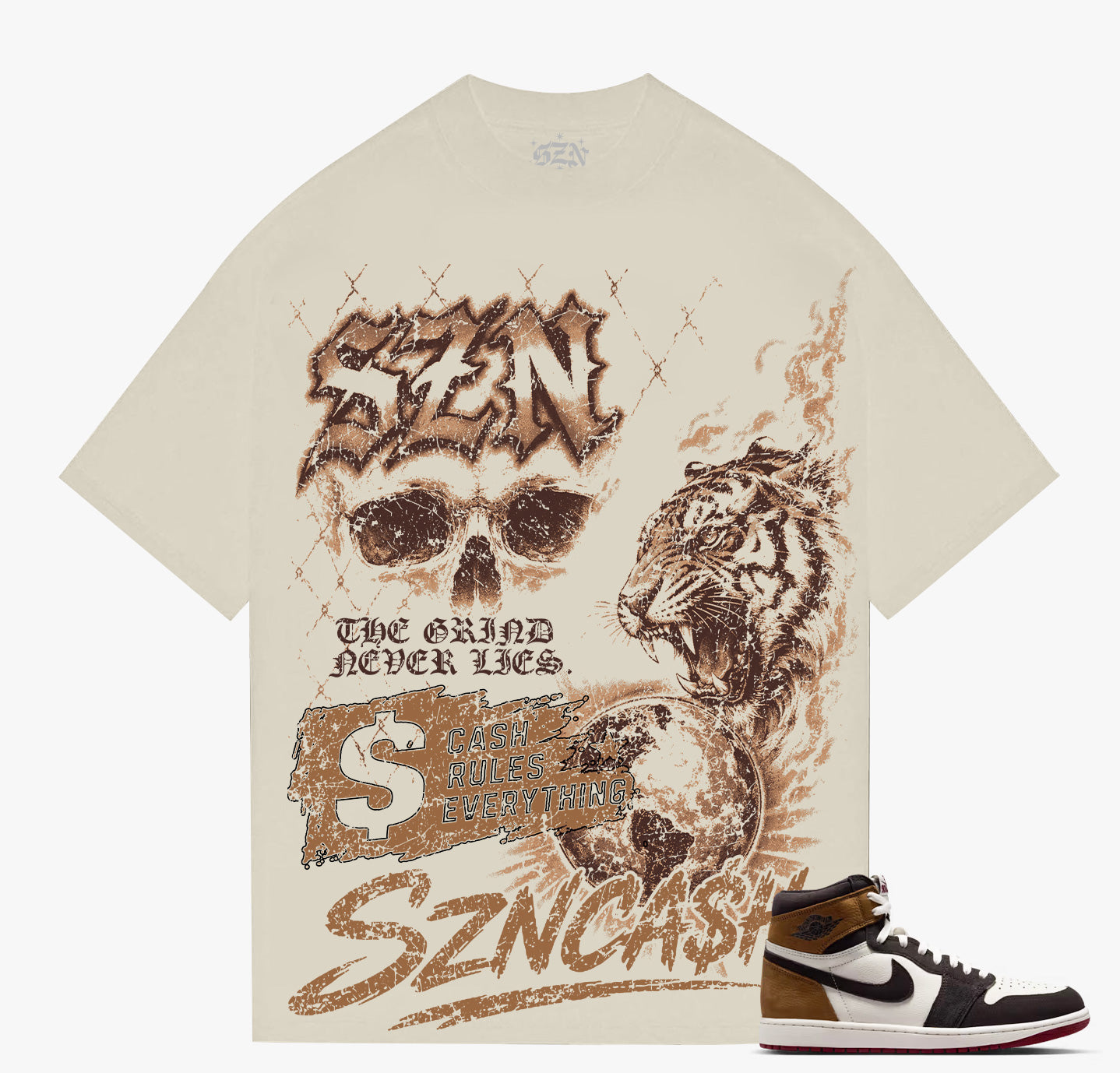 SZN - No Mercy Skull Tiger - Cream Tee