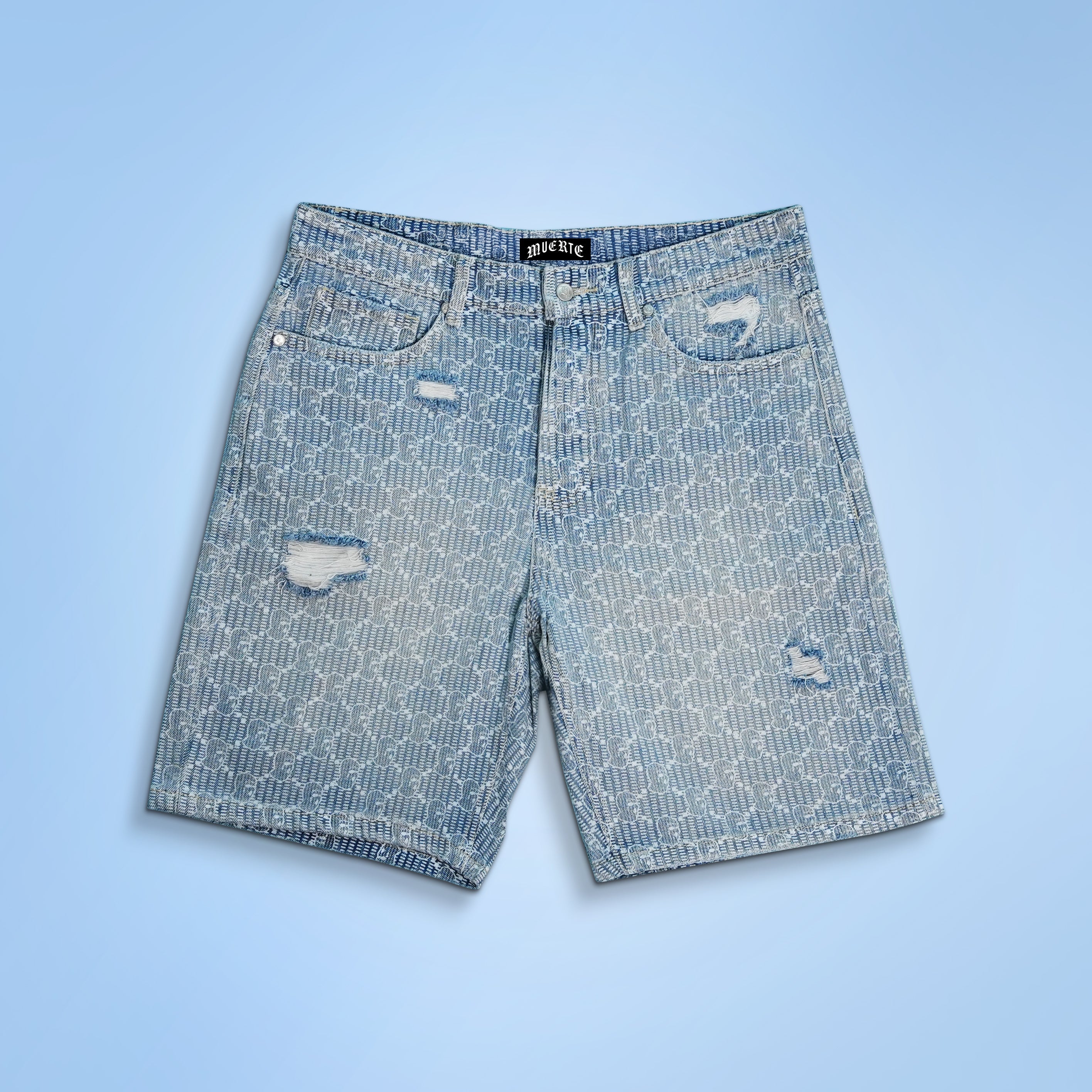 Ski Mask Pattern Distressed Denim Shorts
