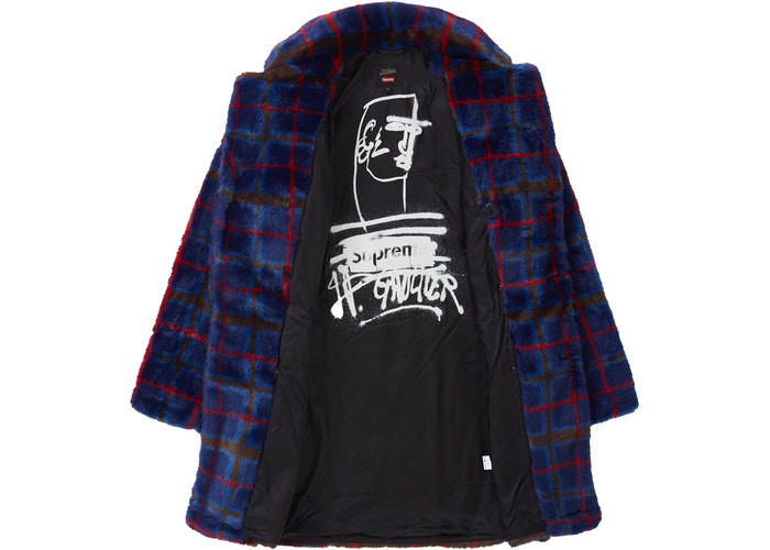 Supreme Jean Paul Gaultier Double Breasted Plaid Faux Fur Coat- Blue