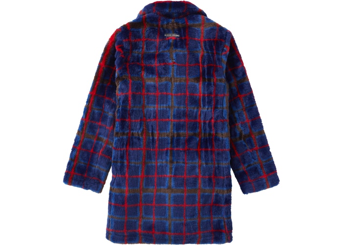 Supreme Jean Paul Gaultier Double Breasted Plaid Faux Fur Coat- Blue