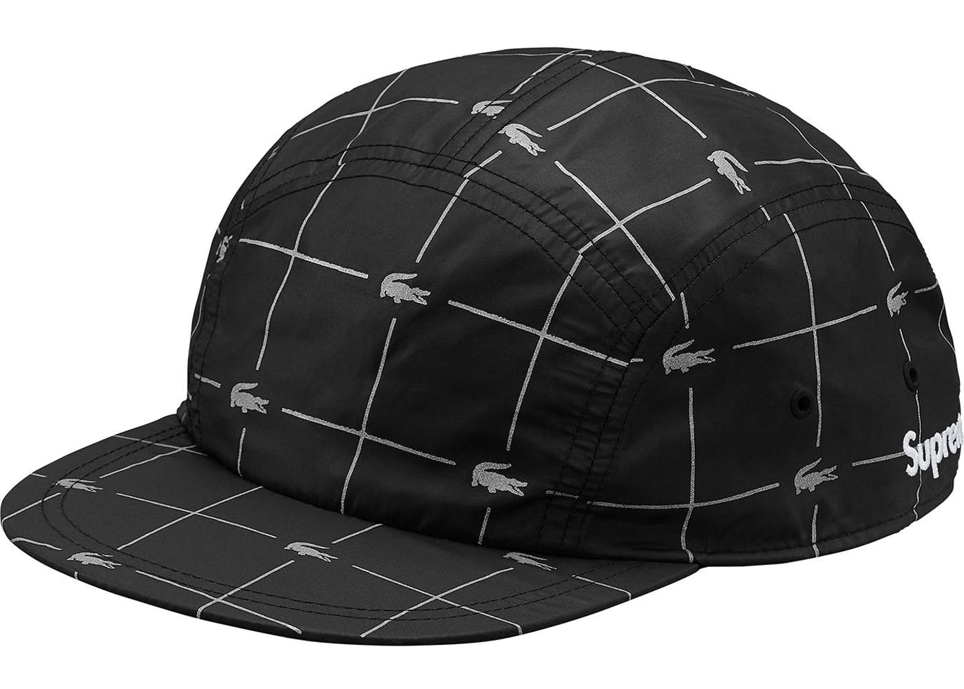 Supreme LACOSTE Reflective Grid Nylon Camp Cap- Black